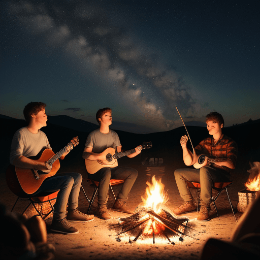 AI generated: 4 friend sitting around the campfire. One with the guitar, second with the cup of coffee, third with...