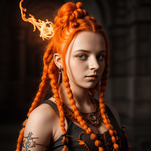 AI generated: junge prinzessin, orangene Dreadlocks, fantasy, aura aus flammen, lawalandschaft, 8k, 