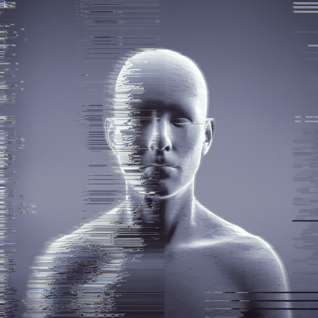 AI generated: glitch art with linear distortion, horizontal scan lines and digital interference, vertical portrait...