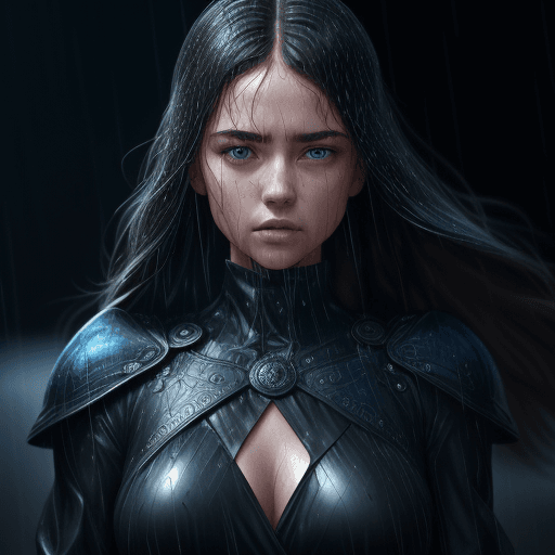 AI generated: girl with a focus face, black gold dress . standing in light rain. with realistic drop of rain on hi...
