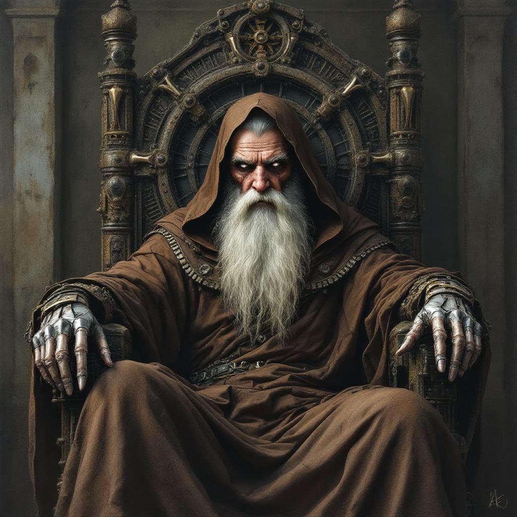 AI generated: The apocalyptic painting depicts an old man with a long, gray beard and deep, white eyes and a human...