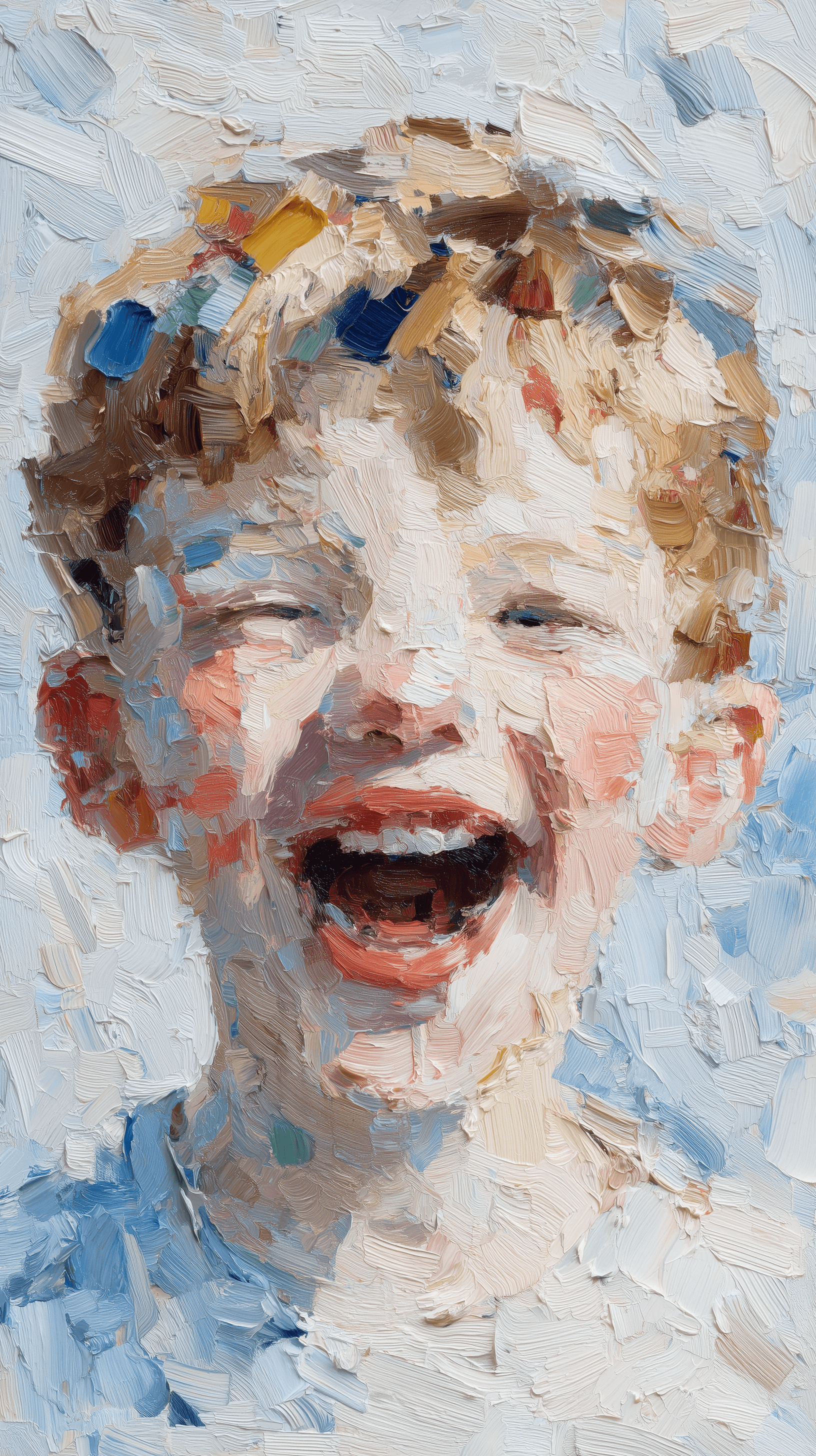AI generated: oil painting, portrait of little boy, smile, grainy touch, avant-garde, rich detailing, thick knives...
