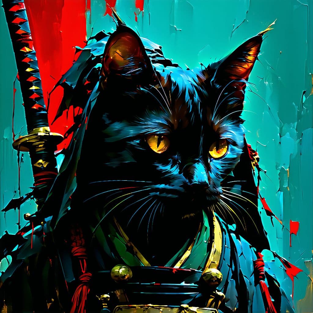 AI generated: the art of black cat, in the style of junglecore, haunting imagery, jan matejko, miyamoto musashi, r...