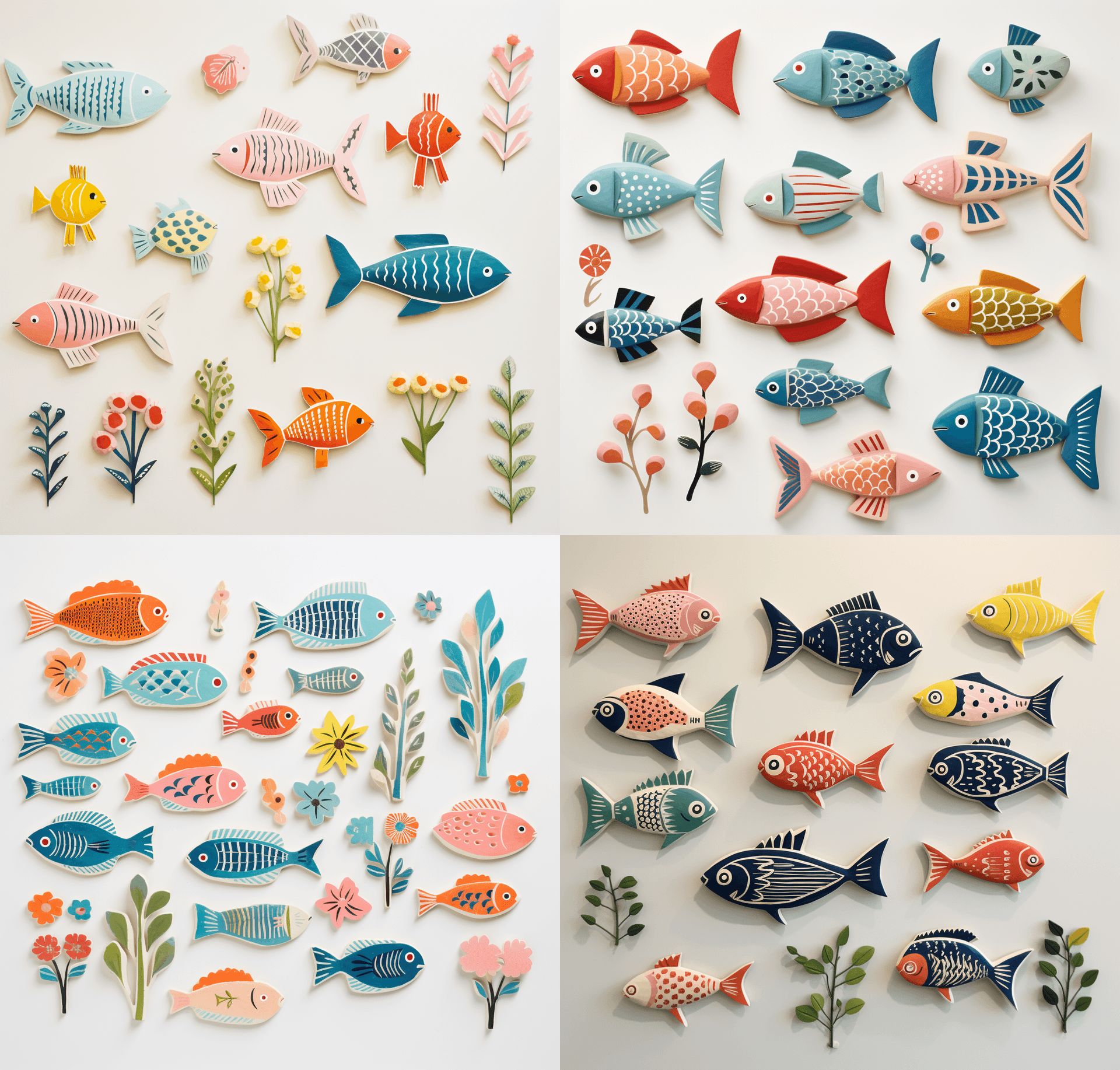 AI generated: these are various colors of fish on the wall with flowers, in the style of tove jansson, handcrafted...