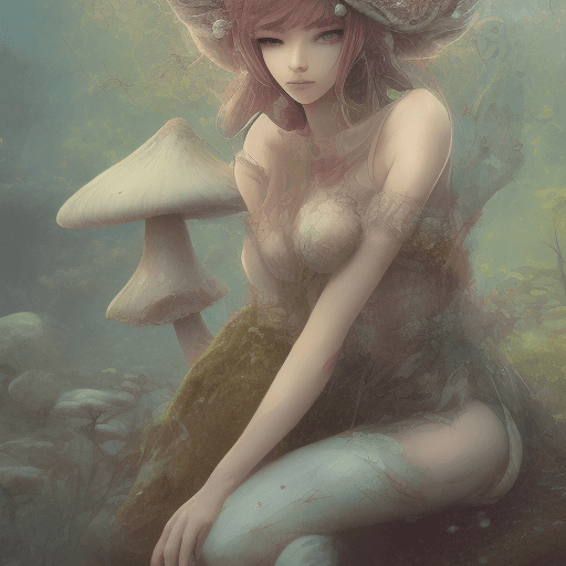 AI generated: fairy, with mushroom hat, sitting on a rock alone on hill, centered, detailed gorgeous face, anime s...