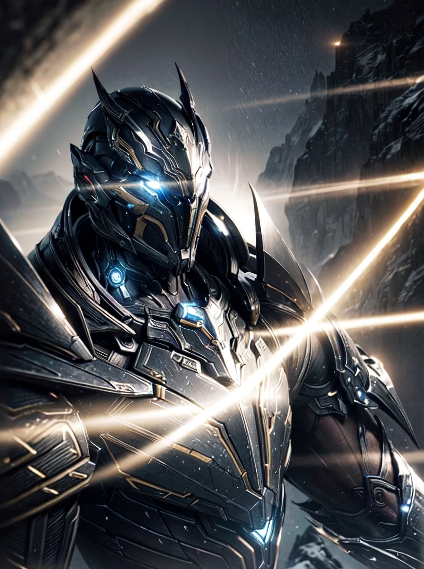 AI generated: masterpiece, best quality, 8k, fantasy painting of beautifulcyborg man, warframe style, black gold, ...