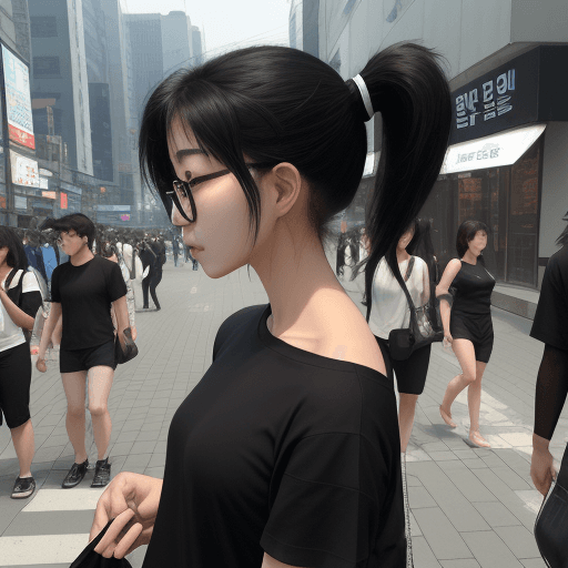 AI generated: photography, side view, upper-body, portray an innocent professional korean woman model standing aga...