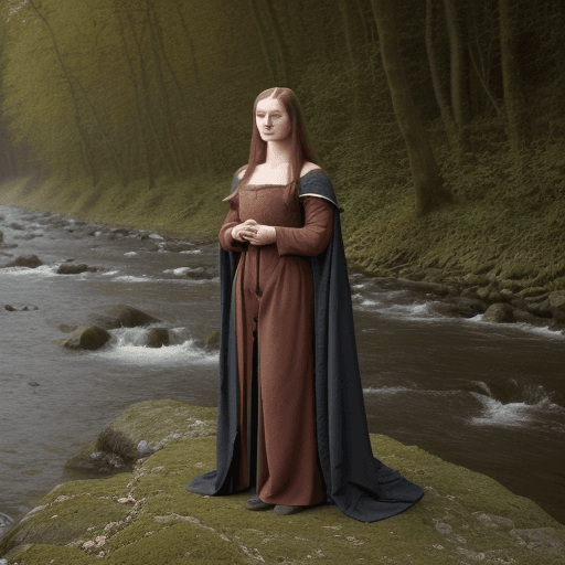 AI generated: A beautiful portait of a medieval woman, full body, long hair standing by the river in the forest