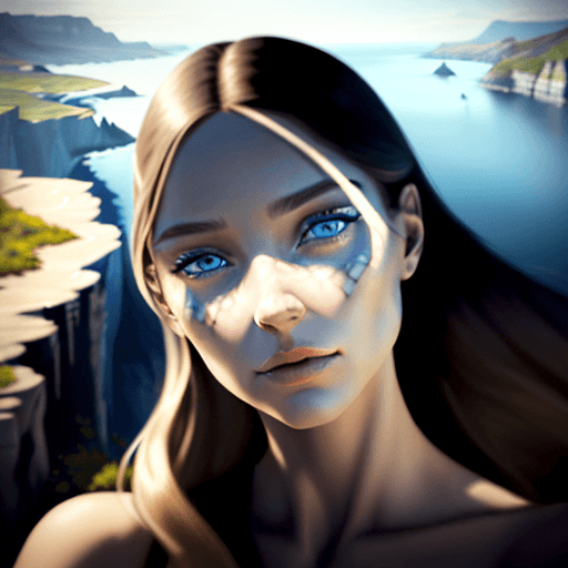 AI generated: A beautiful woman, straight hair in the wind, face with a perfection in its shading contour, blue ey...