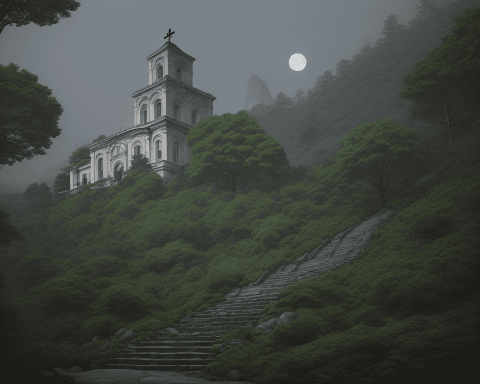 AI generated: a big rocky hill full of long green trees with stairs going up to the top where there is a wooden ho...