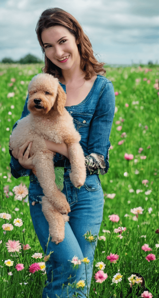AI generated: American woman holding a dog in a flowery park, green field with flowers around, detailed, realistic...