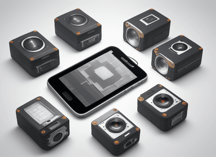 AI generated: Four different smart phones arranged in a grid, each same size with 3 cameras, each a different styl...
