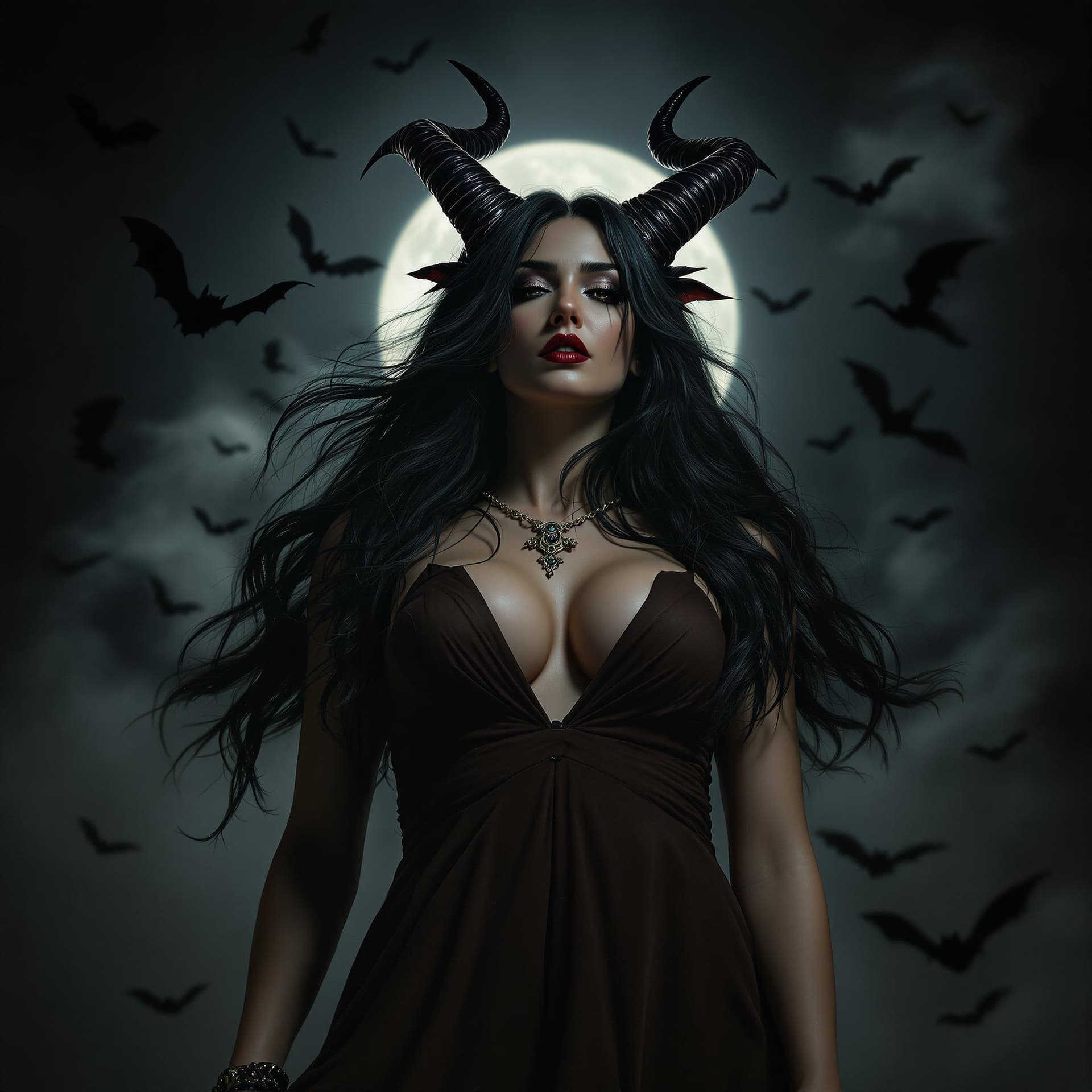 AI generated: a woman with long, dark hair and horns, wearing a brown dress, with a plunging neckline set against ...