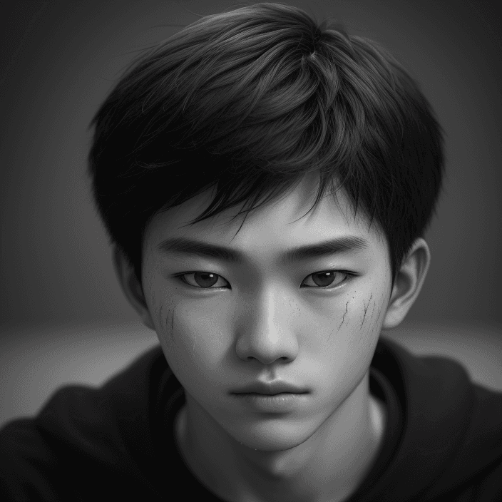 AI generated: RAW photo, black and white portrait of an 20 years old boy, korean boy, highly detailed textures, ti...