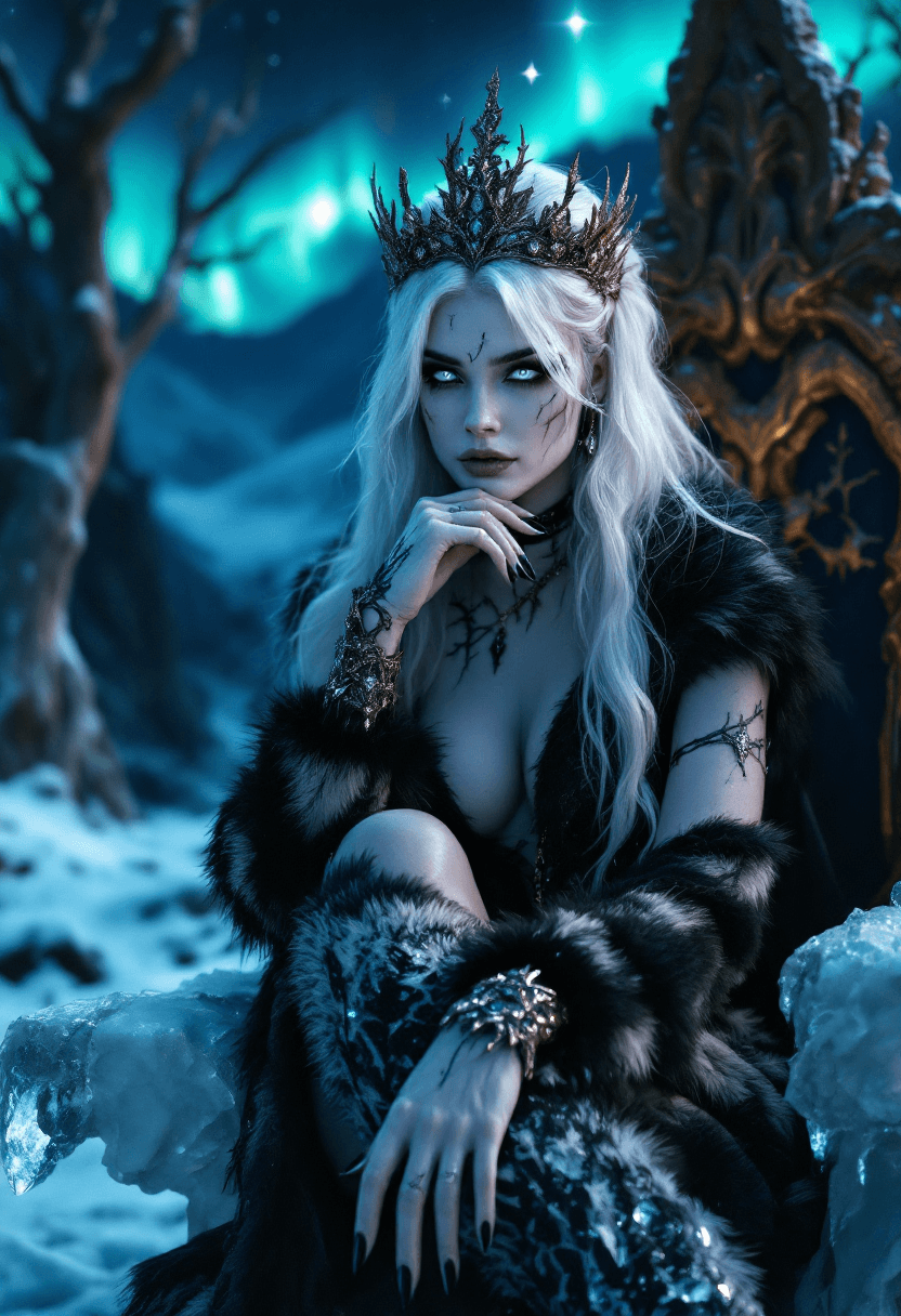 AI generated: 4K, magazine photo shoot quality image of a beautiful 23-year-old platinum blonde ice witch with pie...