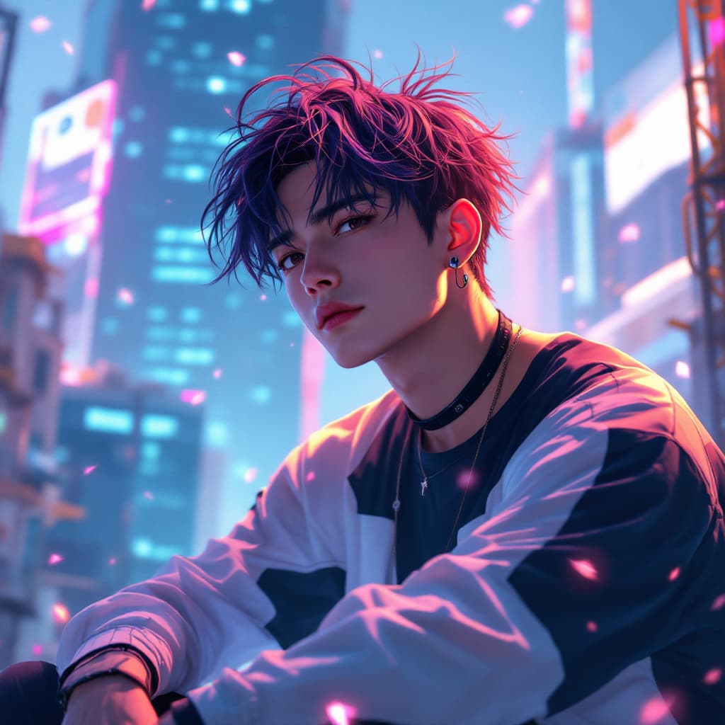 AI generated: digital artwork with vibrant colors and soft gradients, showcasing a Asian man hair in the style of ...