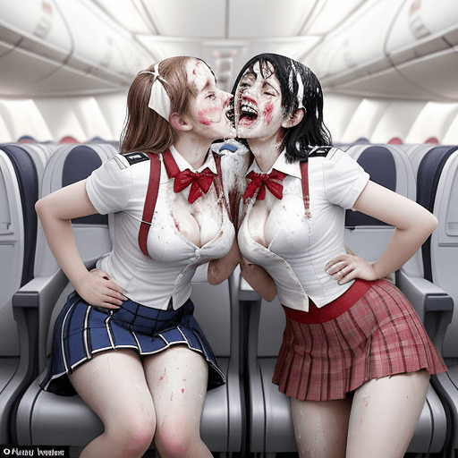AI generated: two female passengers in skirts are pushing white pies in each other's faces and chests and in the f...