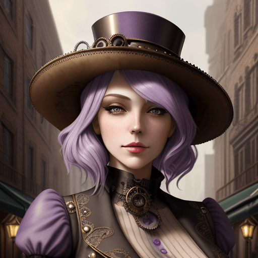 AI generated: ((masterpiece)) a woman with a hat in a city with steampunk architecture, steampunk style, beautiful...