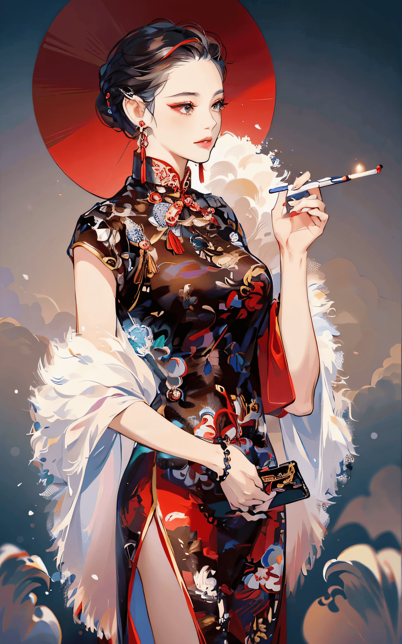 AI generated: a close up of a woman in a dress holding a cigarette, cheongsam, wearing a red cheongsam, chinese st...