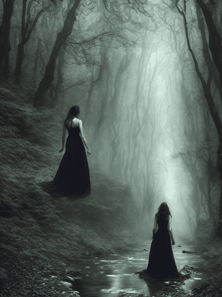 AI generated: enchanted forest, dark, moody, mystical, woman, walking through a stream, long dress