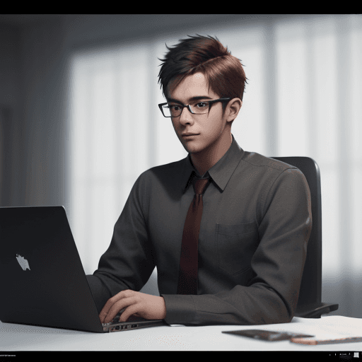 AI generated: a young man wearing glasses is using a laptop, a computer rendering by senior character artist, tren...
