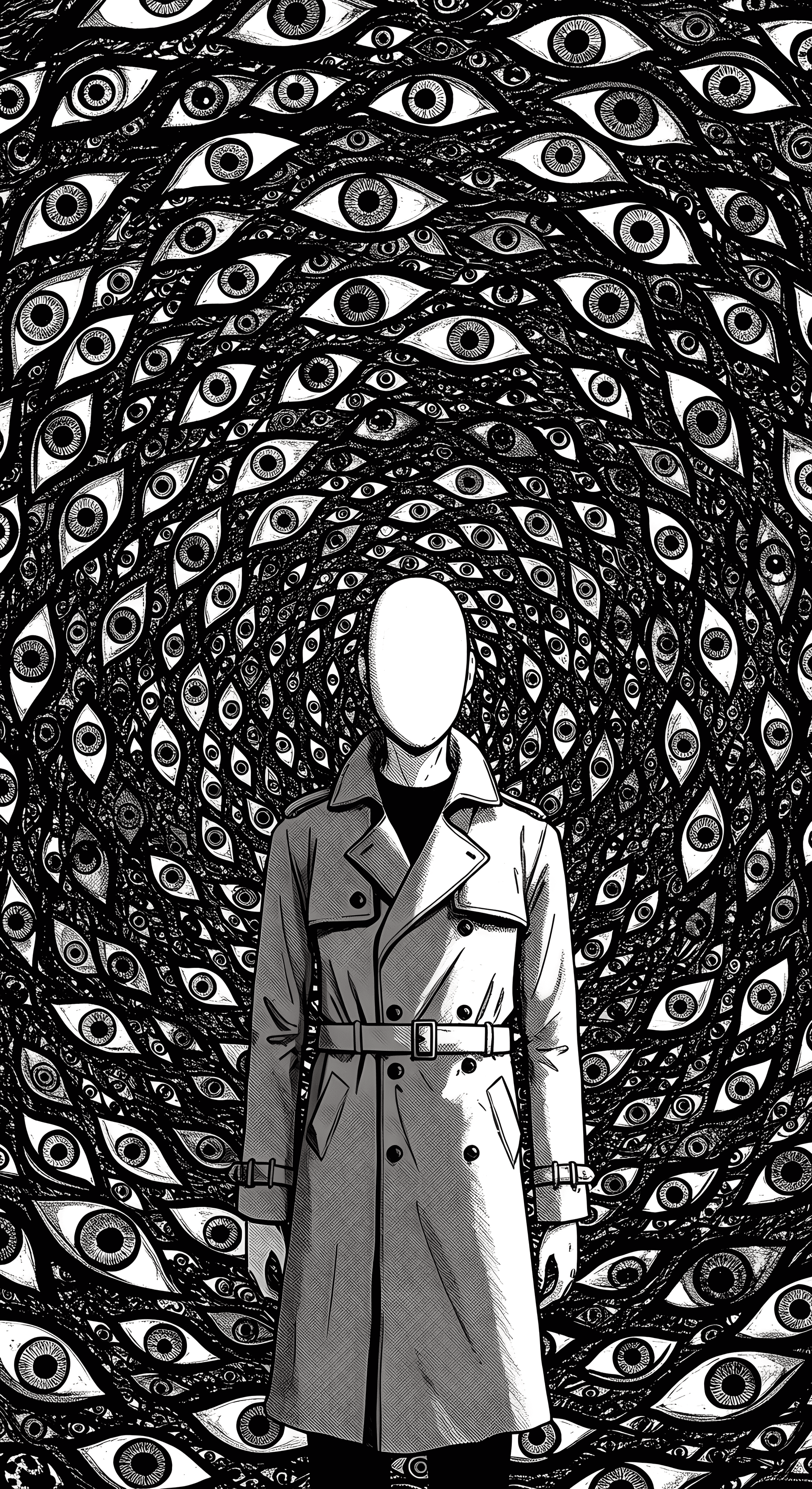 AI generated: A faceless figure in a trench coat stands against a swirling vortex of eyes. The eyes are drawn in a...