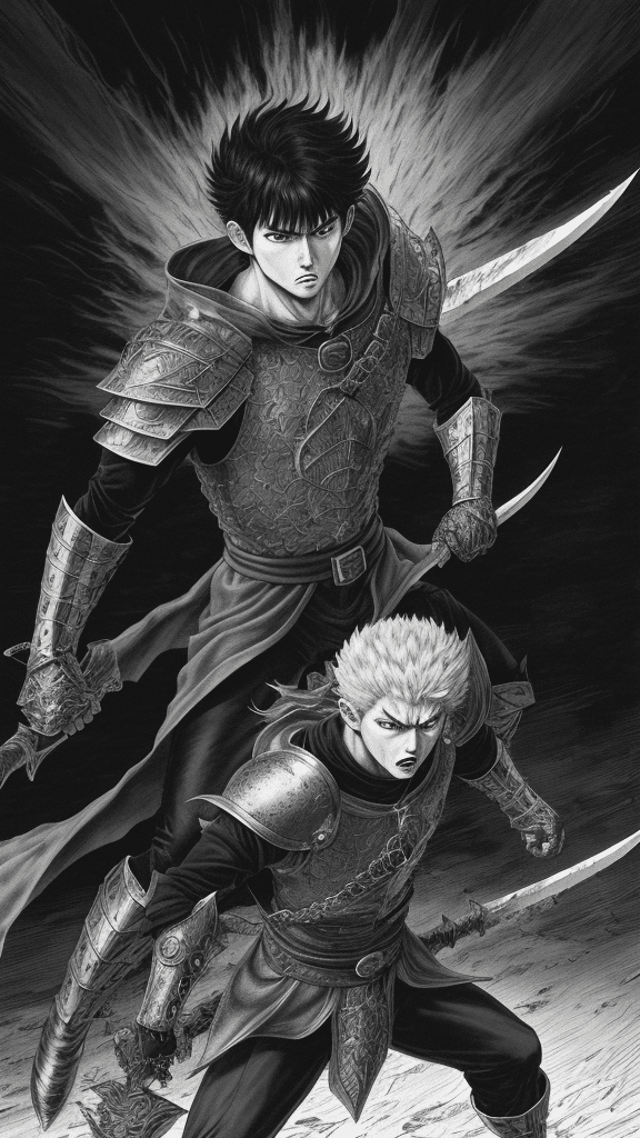 AI generated: monochrome, a man with big eyes, brown hair with tuft, in golden armor, manga, ((without helmet)), b...