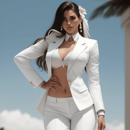 AI generated: chica  blanca , vista de cuerpo entero,  luciendo un traje sastre totalmente blanco, el el pecho tie...