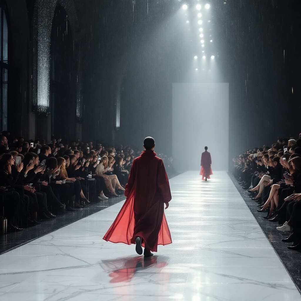 AI generated: A brightly lit  fashion runway with white marble floor in the middle of the rain for3est at night 