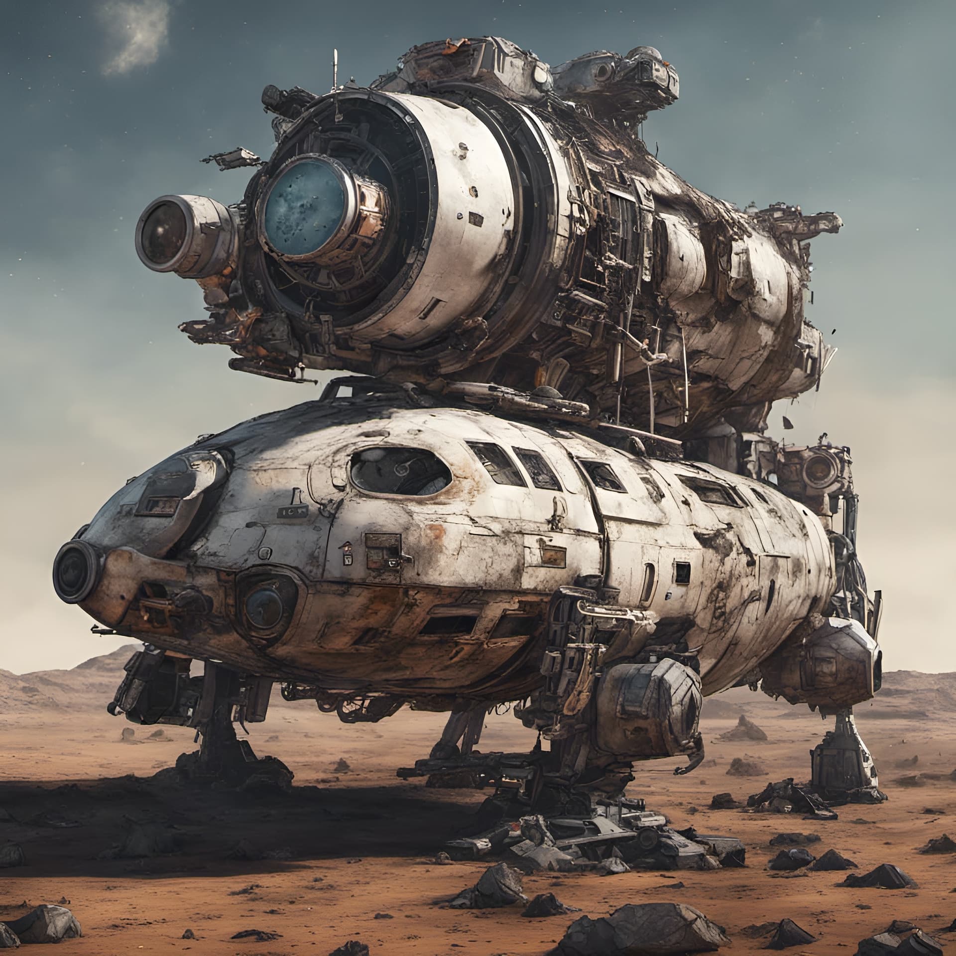 AI generated: spaceship post apocalyptic, gritty, 8K ULTRA HD, highly detailed, accurately detailed, Canon EF 200-...