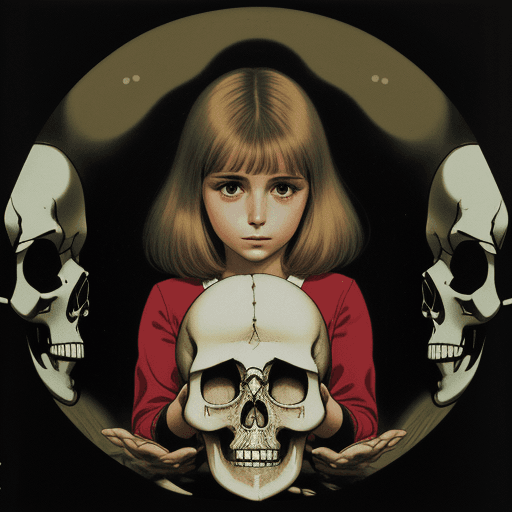 AI generated: In the style of a 1970's Yugoslavian record cover, a girl gazing at a human skull, medical specimen