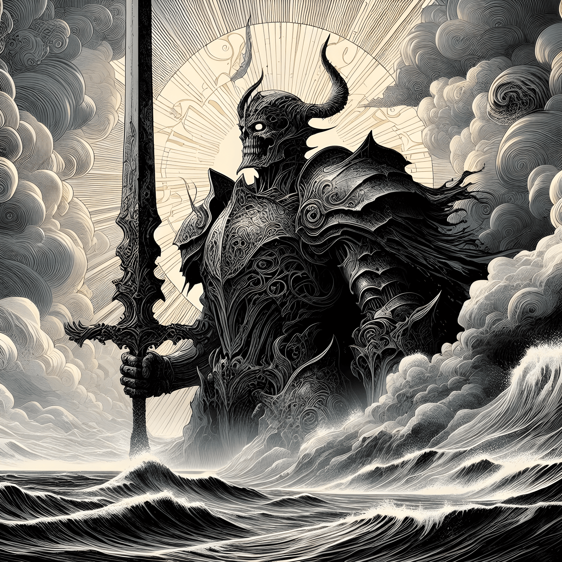 AI generated: Graphic novel splash page depicts the towering armored figure of Lord of the Fallen emerging from a ...