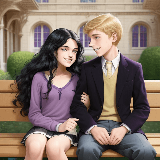 AI generated: Illustration of a boy and a girl in high school. (The boy with light hair) (The girl with long curly...