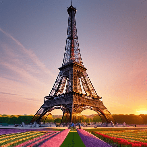 AI generated: The Eiffel tour in the middle of the Versaille palace, countryside, flowers, sunset, vibrant colors,...
