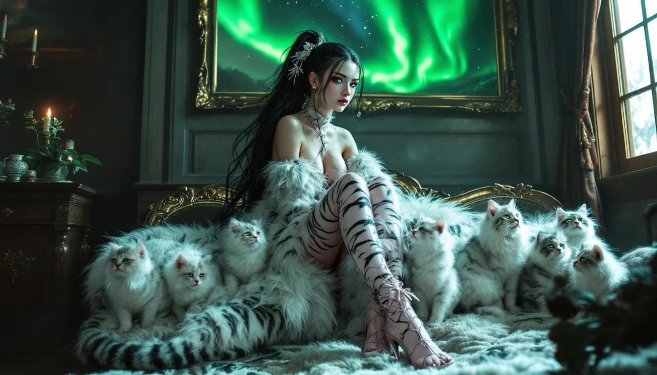 AI generated:  Evergarden, full body open furry costume with feet, girl with kittens and ponytail, tiger eyes, ext...