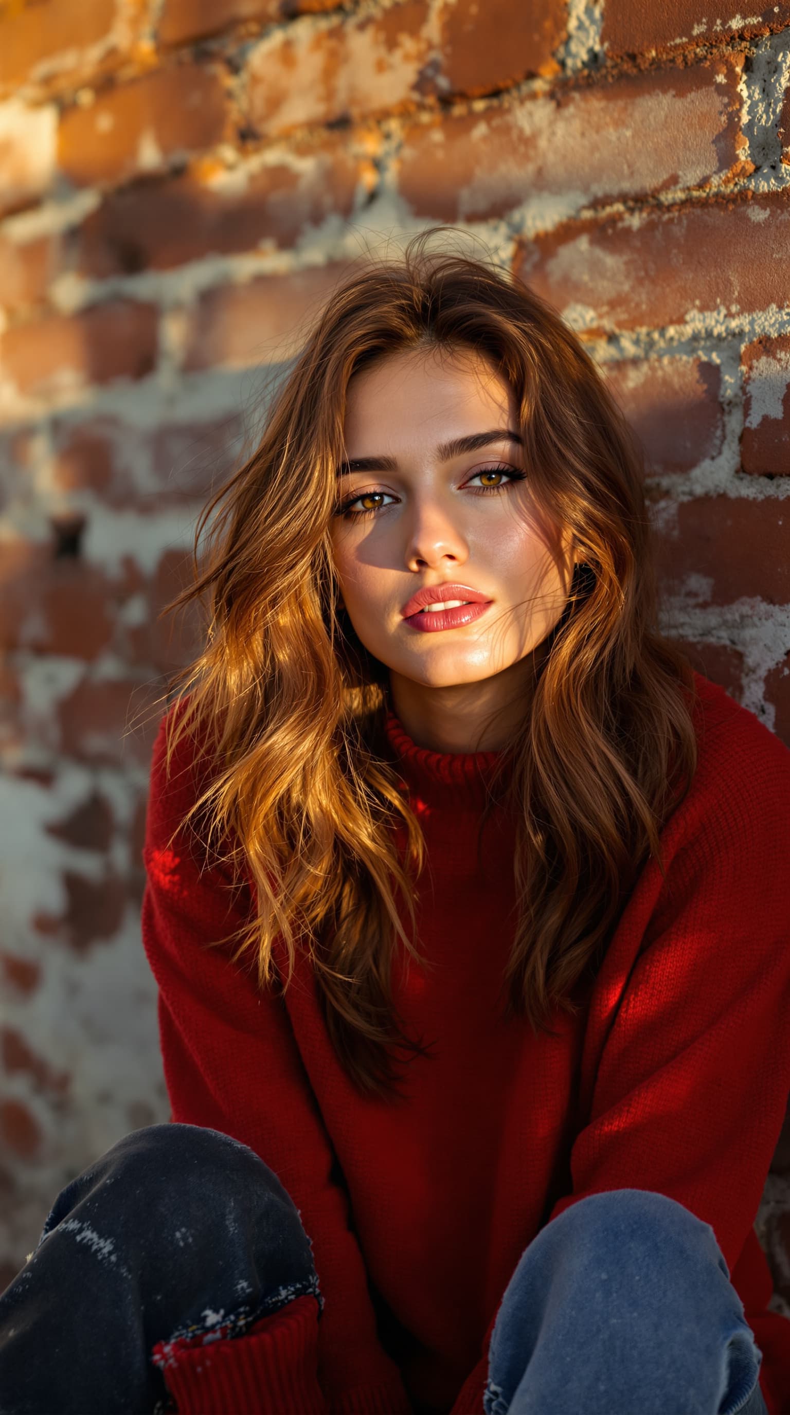 AI generated: "Image is a high resolution golden hour portrait of a model in her early 20' vibrant brunette hair, ...