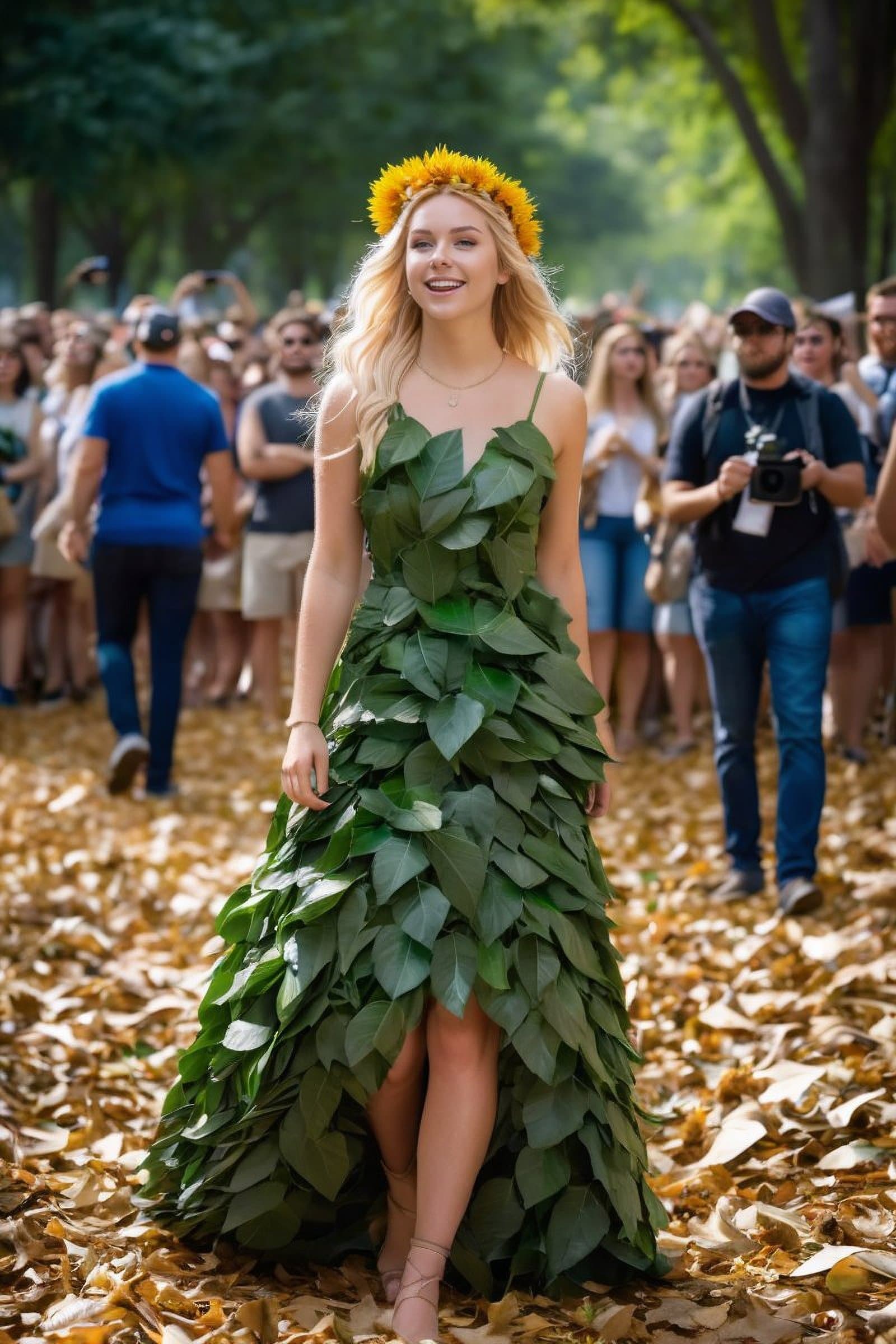 AI generated: Candid shot of a pretty young blonde activist, who is wearing a dress made of leaves, in the midst o...