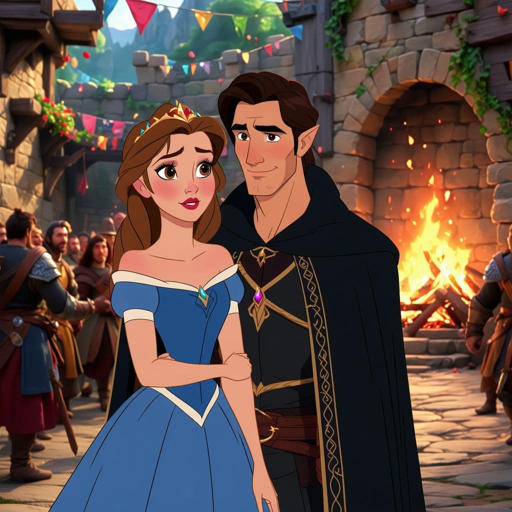 AI generated: 2D Disney 90s animation style, a scene featuring a stunningly beautiful young woman with golden-brow...