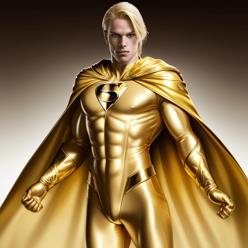 AI generated: male superhero named champion blond hair, no symbol, skin tight gold suit, gold cape, gold gloves
