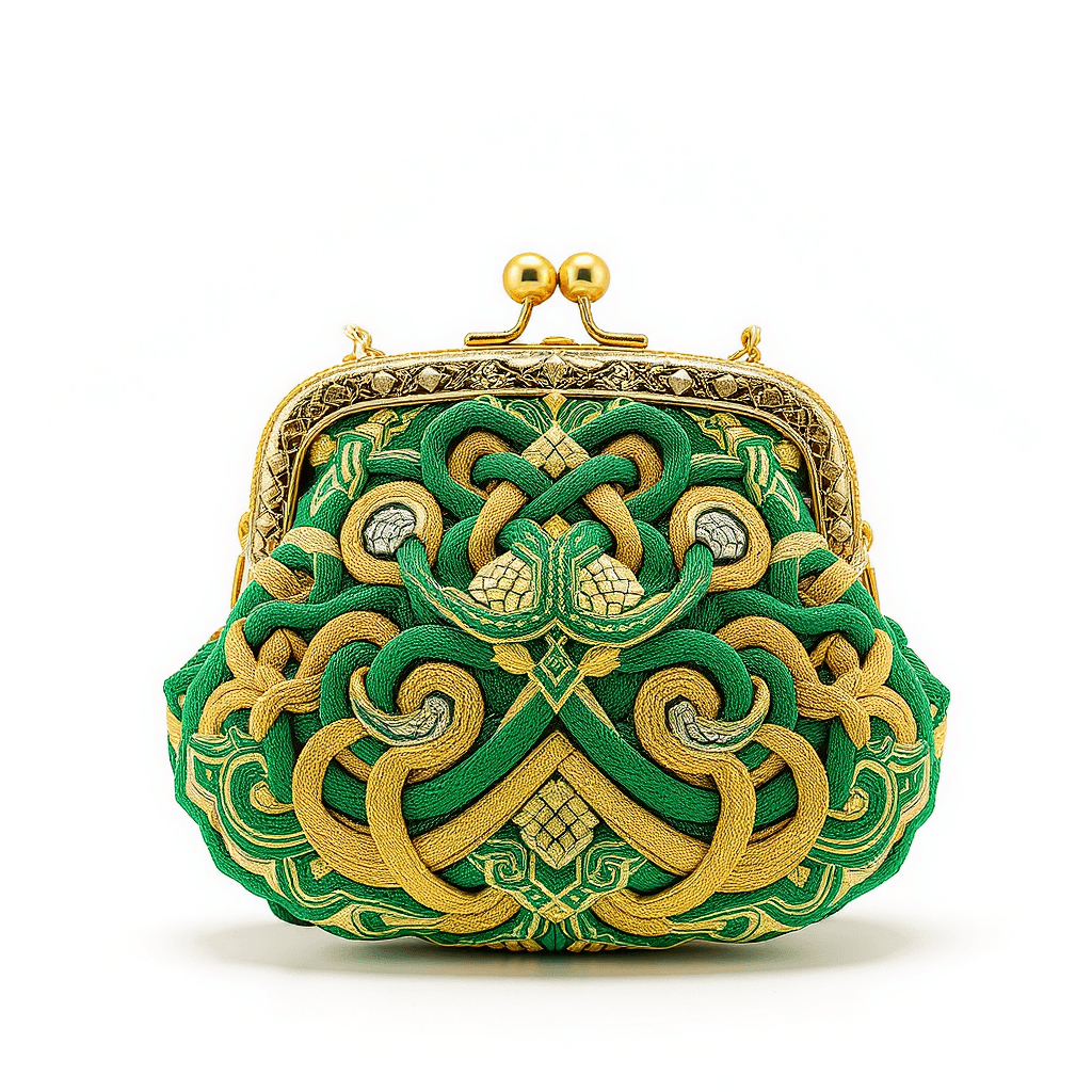 AI generated: a green and gold purse  made of intricate decorative Chinese knots