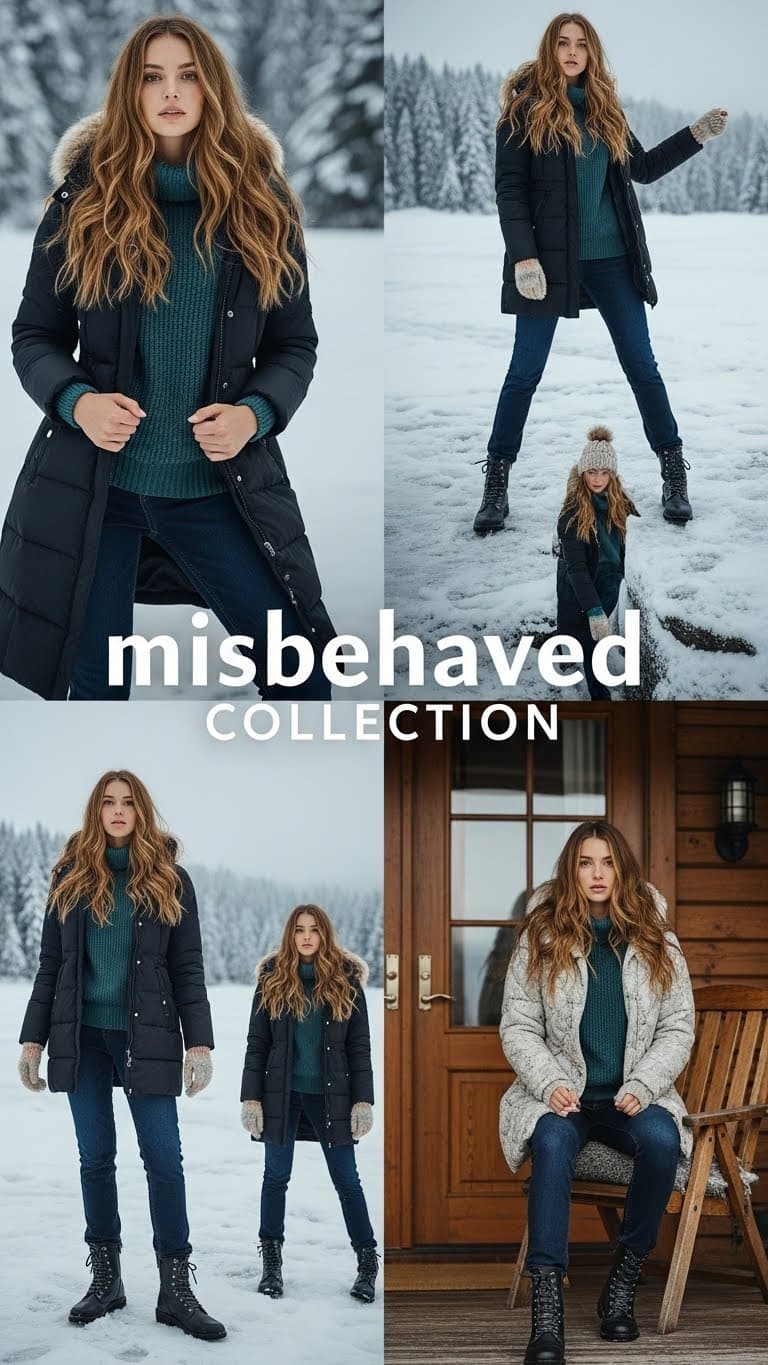 AI generated: young woman modeling outdoors, poster, 12K (multi position), TXT 'misbehaved collection' with winter...