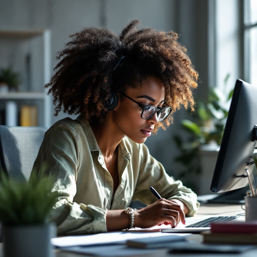 AI generated: A photograph of an african virtual assistant lady engaged in an intense work with a modern, well-equ...