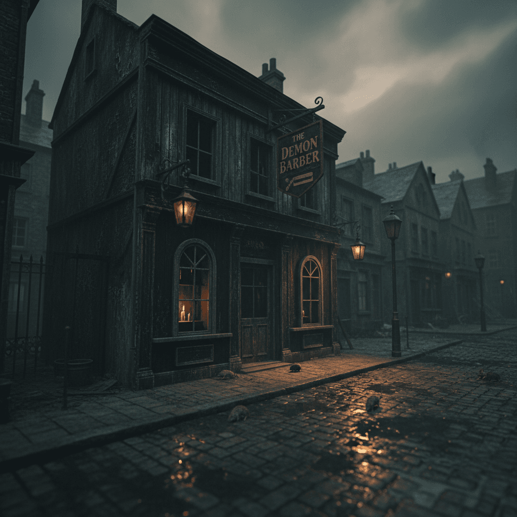 AI generated: A dark and decaying Victorian bar inspired by the film "The Barber of Fleet Street." Its weathered w...