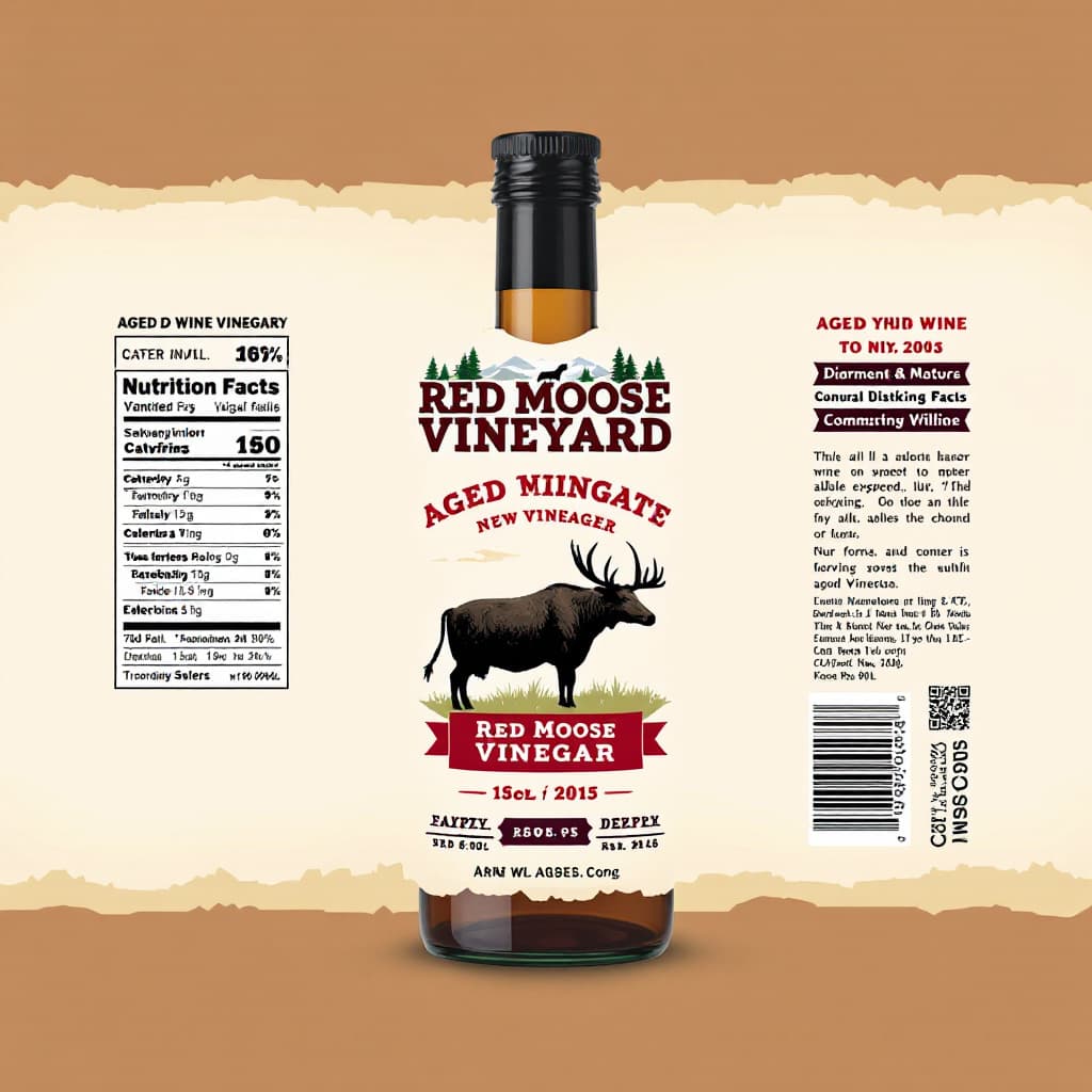 AI generated: Complete label design for aged wine vinegar from "Red Moose Vineyard"