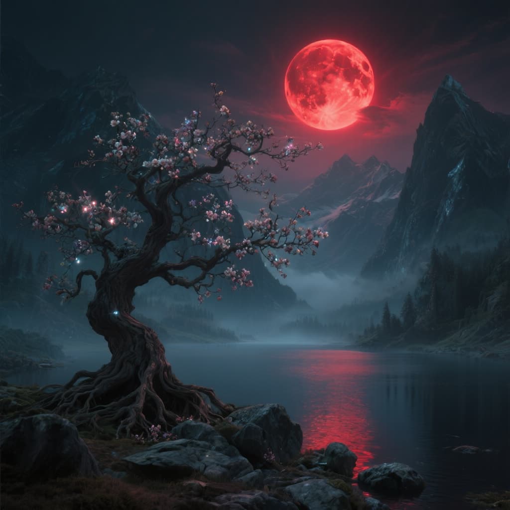 AI generated: A 45-megapixel, high-resolution image of a mystical landscape under a red moon. The scene is illumin...
