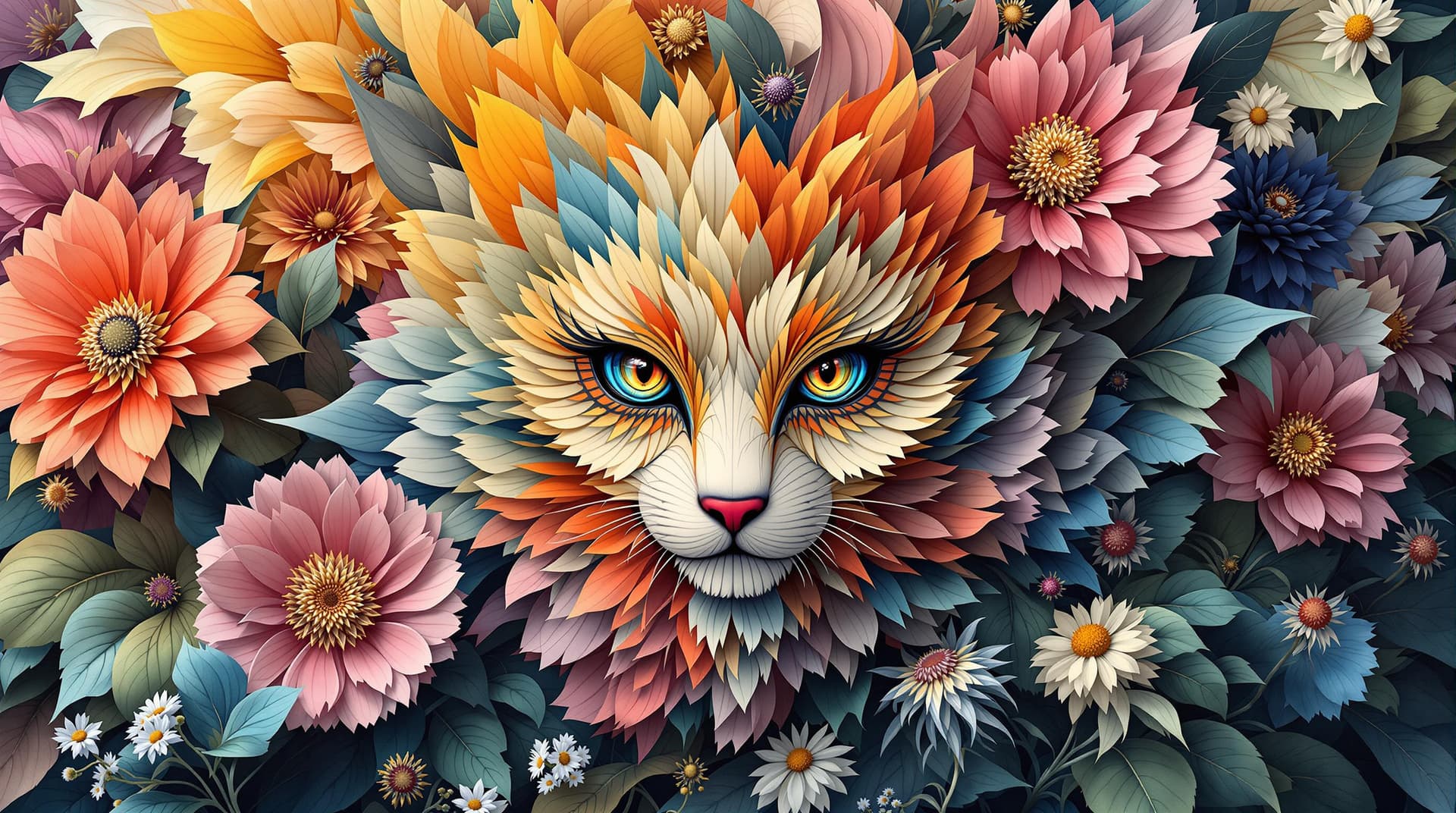 AI generated:   amazing abstract flowers shaped with an animal face,japanese style 