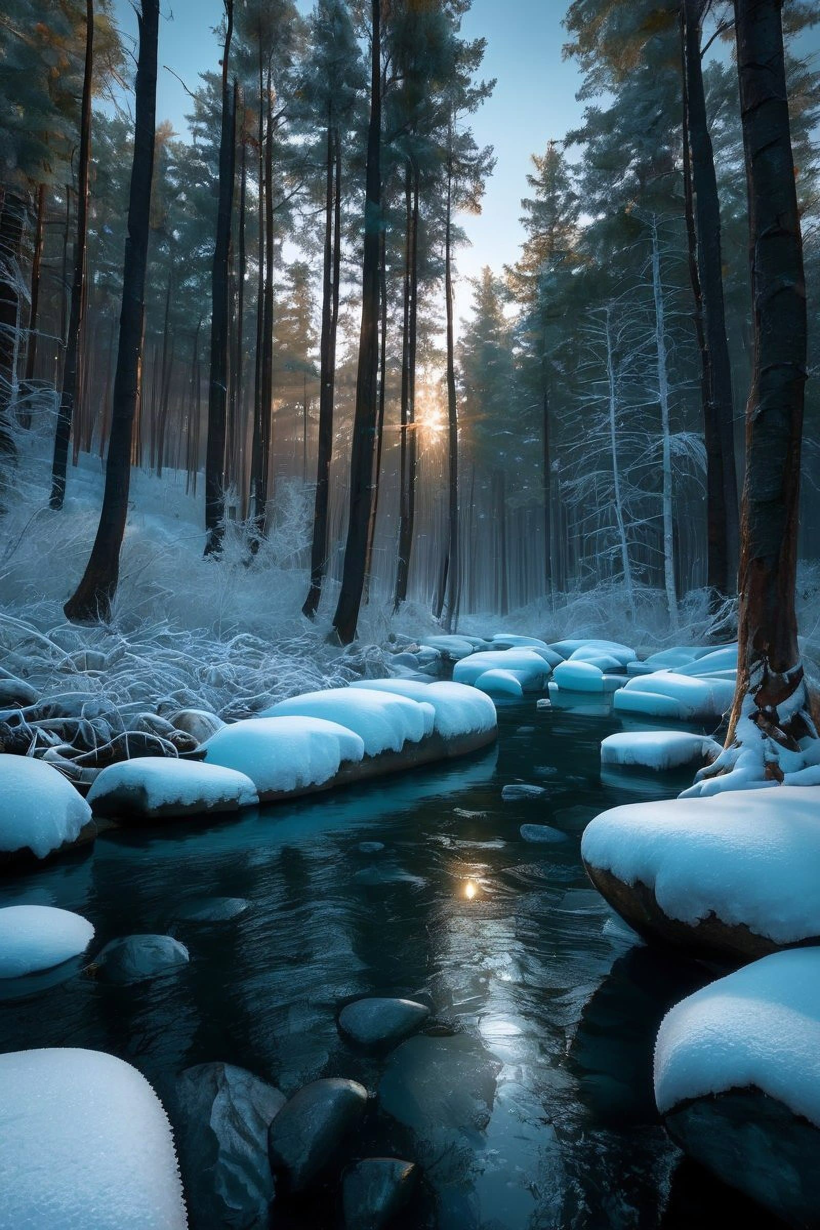 AI generated: winter frozen forest, siberia, stone, digital art, photo, masterpiece, best quality, high quality, h...