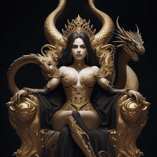 AI generated: A very beautiful queen sitting on a black throne made of gold, with a serpent-dragon like elements a...
