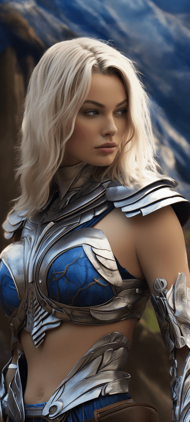 AI generated: ((masterpiece, best quality, detailed)), outdoor arena, wind_lift, margot robbie as a modern gladiat...