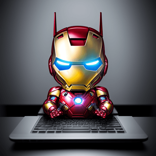 AI generated: Puppy dog with costum iron man, elegant computer geek, chibi and real style, masterpiece, realistic ...